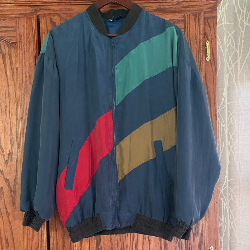 Vintage 100% Silk Colorblock Bomber Jacket | Size M